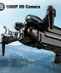 Close-up of 1080P HD Camera Drone For Beginners And Kids Adults Foldable RC Quadcopter with 90-degree adjustable lens in scenic setting.
