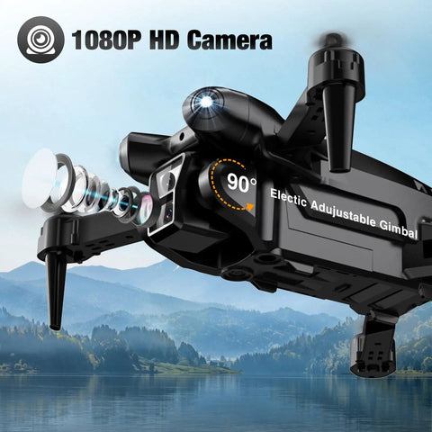 Close-up of 1080P HD Camera Drone For Beginners And Kids Adults Foldable RC Quadcopter with 90-degree adjustable lens in scenic setting.