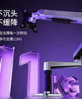 Heavy Duty Height Adjustable Monitor Mount With Extended Reach For Slick Gaming And Desk Setups Featuring No Sweat Install Ball Pivot Tilt Swivel And Beefy Aluminum Frame showing the sturdy aluminum arm and black base.