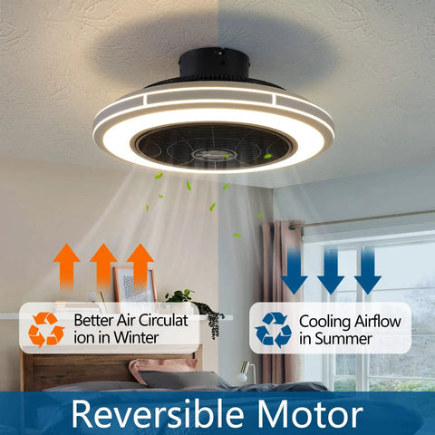 Bladeless 21 Inch Ceiling Fan With Remote Control And Light Kit in room, showing reversible motor and airflow directions.