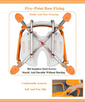 Bottom view of heavy duty indoor shower chair with non-slip U-shaped seat, five-point base fixing, stainless steel screws, and safe grip armrest.