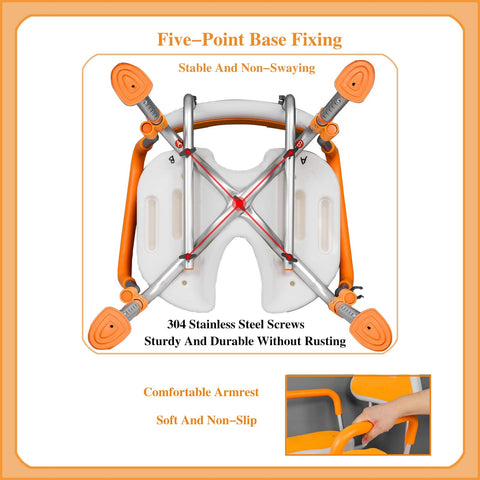 Bottom view of heavy duty indoor shower chair with non-slip U-shaped seat, five-point base fixing, stainless steel screws, and safe grip armrest.