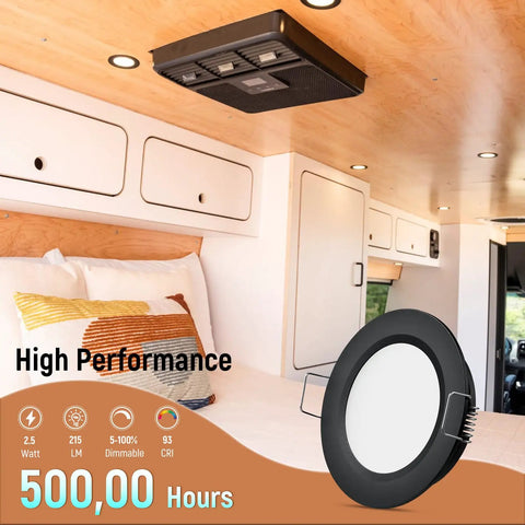Top Shelf Eight Pack Of 12 Volt LED Puck Lights For Recessed Camper Van Install Smooth Dimming Warm White Downlights With Crisp CRI 93 Output displayed in a cozy camper interior.