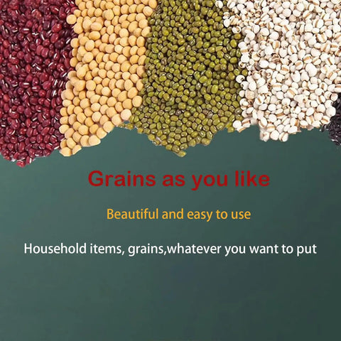 Heavy Duty Airtight Ceramic Kitchen Jar With Tight Seal For Fresh Rice Grains Coffee Beans Candy Snacks Solid Hella Spacious 20Kg Dry Food Storage Container filled with various colorful grains.