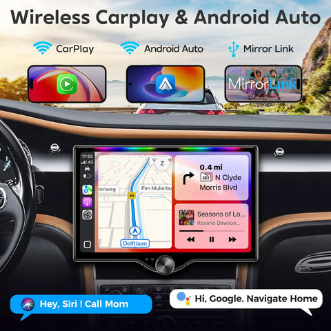 Dope 10.1 Inch QLED Double Din Car Stereo With Wireless CarPlay And Android Auto displaying navigation and music screen in car dashboard.