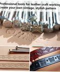 Leather Craft Tool Set 20Pcs Saddle Stamp Punch Kit showing detailed stamping patterns on leather belts and wallets.