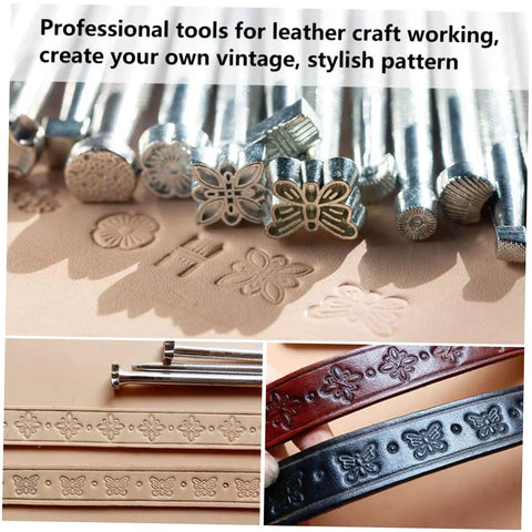 Leather Craft Tool Set 20Pcs Saddle Stamp Punch Kit showing detailed stamping patterns on leather belts and wallets.