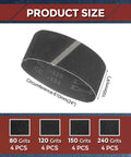 Pro Shop 4x24 Inch Sanding Belts 16 Pack Featuring 80 120 150 240 Grits displayed with dimensions 4 inches wide and 24 inches long.