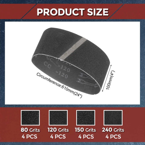 Pro Shop 4x24 Inch Sanding Belts 16 Pack Featuring 80 120 150 240 Grits displayed with dimensions 4 inches wide and 24 inches long.
