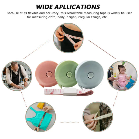 Mini Retractable Tape Measure 3 Pack with measuring applications like sewing, body measurements, and crafts.