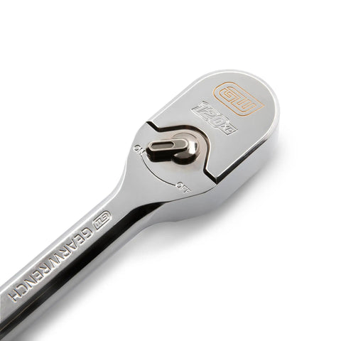 Close-up of One Half Inch Drive Teardrop Ratchet With Full Polish Chrome Finish, 120XP Heavy Duty Workhorse, ASME specs.