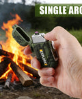 USB C Rechargeable Plasma Lighter With Windproof Flameless Arc Electric Lighter IP56 Waterproof in hand near campfire.