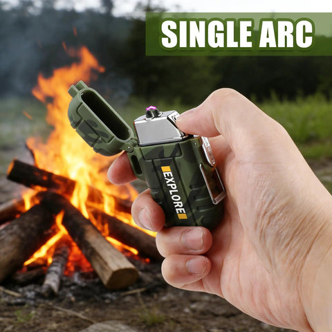 USB C Rechargeable Plasma Lighter With Windproof Flameless Arc Electric Lighter IP56 Waterproof in hand near campfire.