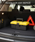 Compact Portable Toolbox With Handy Carry Handle For Tools And Hardware Durable PP Storage Box For Screws Nails And Small Parts Ideal Car Trunk Or Garage Organizer For Home DIY And Workshop Grab And Go, black and yellow in car trunk.