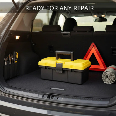 Compact Portable Toolbox With Handy Carry Handle For Tools And Hardware Durable PP Storage Box For Screws Nails And Small Parts Ideal Car Trunk Or Garage Organizer For Home DIY And Workshop Grab And Go, black and yellow in car trunk.