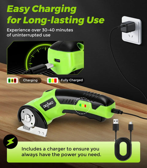 Heavy Duty Cordless Electric Scissors With Led Light And Safety Lock charging with USB cable, showcasing battery status for convenience.