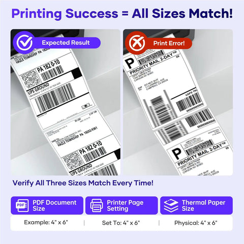 Wireless 4x6 Bluetooth Thermal Label Printer For Small Business And Shipping Print From IPhone Android Windows MacOS Easy App Connectivity For Amazon FBA And Shopify Orders Compact Desk Friendly showing correct and incorrect label alignment.