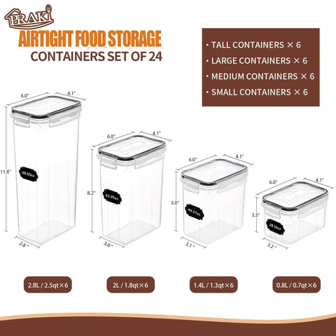 Airtight Food Storage Containers Set With Lids, 24 Piece BPA Free Canisters shown in four sizes, labeled measurement