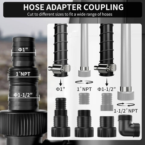 Hose adapter coupling for Heavy Duty 1 HP Submersible Sump Pump with 4700 GPH Flow, compatible with various sizes.