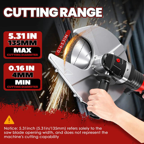 Newtry 36V Cordless Rebar Cutter Cuts Up To 5.31 Inches In Just Seconds Portable Electric Steel Bar Saw With Carry Case showing cutting range specifications.