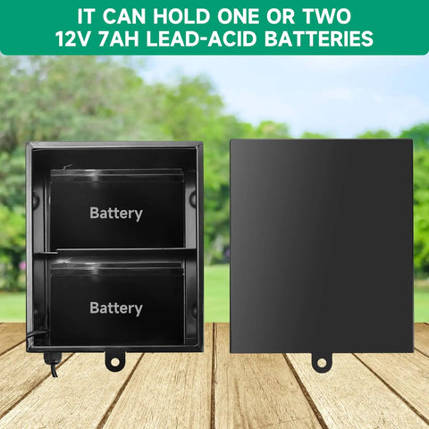 Heavy Duty 12V Battery Box Housing Built Tough For Deer Feeders And Gate Openers with space for two 12V batteries.