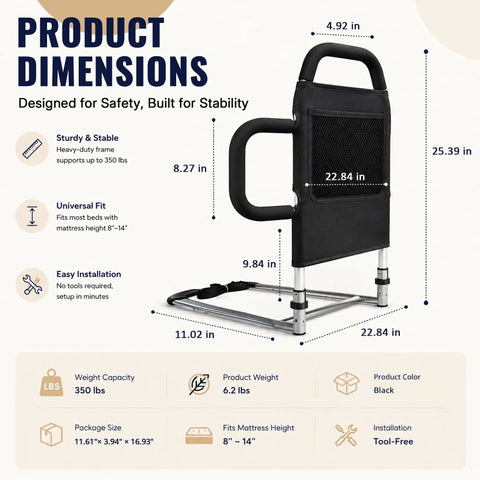 Heavy Duty Bed Rails For Seniors With Non Slip Ergonomic Handle And Storage Pocket Adjustable Tool Free Setup ASTM Approved