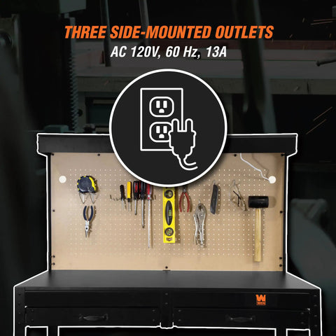 Heavy Duty 48 Inch Workbench With Power Outlets And Light, Black Finish, featuring pegboard with tools