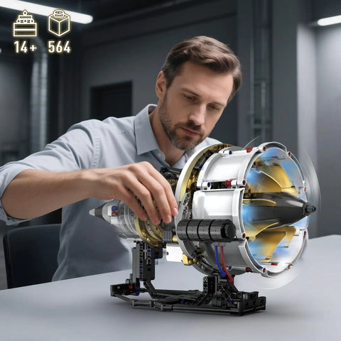 Man assembling Jet Engine Building Set With Visible Turbofan Model Kit That Runs In Real Time Hands On Experience