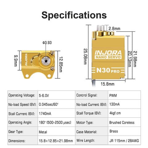 Specifications of Beefed Up High Torque Brass N30 PRO Nano Servo With Saver for 1/30 Axial SCX30 RC Crawlers.