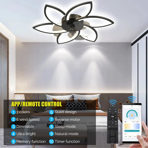 20 Inch Bladeless Ceiling Fan With Lights Remote Control Flush Mount Low Profile Modern Ceiling Fan in bedroom setup