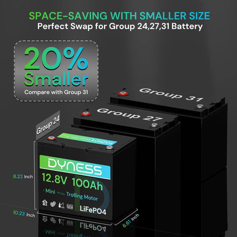 Compact Twelve Point Eight Volt 100Ah LiFePO4 Battery Mini Group 24 With 100A BMS Low Temp Protection on display with size comparison