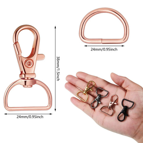100 Piece Hardcore Swivel Keychain Clips With D Rings And Lobster Clasps 24mm Snap Hooks in diverse colors shown on hand.