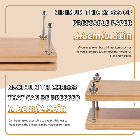 Wooden binding press showing paper thickness adjustments for 0.8cm to 7.5cm in All In One Book Binding Kit With Press And Wooden Binding Press Includes Book Cloth Book Cover Boards Bone Folders Awl Wax Thread Bind Straps And Ribbons For DIY Journal And Album Making Great For Beginners And Crafters.