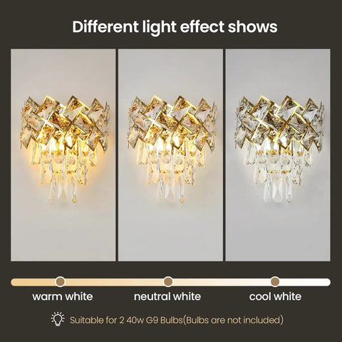Luxury Gold Wall Sconce With Crystal K9 Accent For Living Room Bedroom Bathroom Hallway Modern Gold Wall Light Fixture With Stainless Steel Frame And Clear Gray Crystals Lit Ambient Vibe