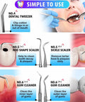 Infographic showing uses of dental tools from the Six Piece At Home Dental Hygiene Kit for Plaque and Tartar Removal Stainless Steel Dental Picks