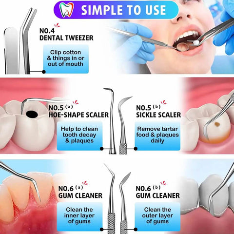 Infographic showing uses of dental tools from the Six Piece At Home Dental Hygiene Kit for Plaque and Tartar Removal Stainless Steel Dental Picks