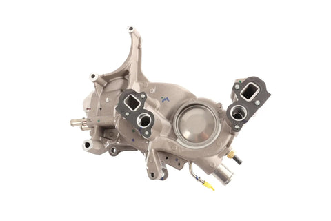Leak Resistant Engine Coolant Pump With Smooth Bore Channels And Beefy Roller Bearings That Plug Straight In top view showing inlet and outlet connections