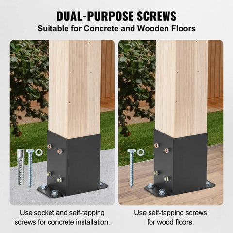 Hella Durable Heavy Duty Post Brackets 4 Pack Matte Black Wood Column Base Connectors For Deck Railing And Pavilion Support, screws for concrete and wood floors