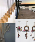 Image collage showing indoor stairs, outdoor wooden dock, knotted curtain tie, and hanging wreaths, related to dock cleats usage.