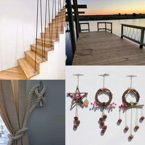 Image collage showing indoor stairs, outdoor wooden dock, knotted curtain tie, and hanging wreaths, related to dock cleats usage.
