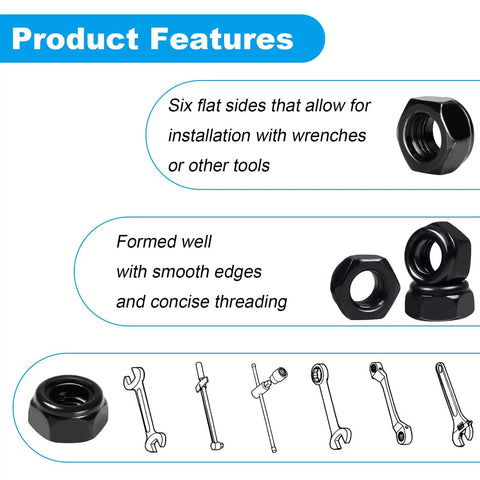 Image showing 50 Pack Nylon Insert Hex Lock Nuts 8-32 Inch Thread 304 Stainless Steel Self Locking Nuts With Black Zinc Plating features