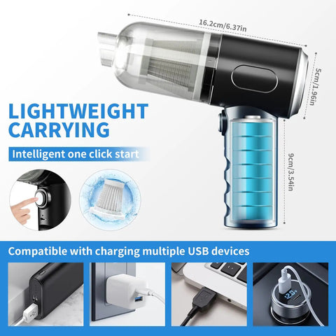 3 In 1 Cordless Handheld Vacuum And Air Duster, 12000Pa High Power Mini Cleaner, dimensions and USB charging compatibility shown