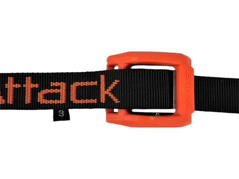 Close-up of beefy cam strap with orange rubber buckle, part of Beefy 15 Foot Cam Strap 1 Inch Wide 2 Pack For Kayak And Canoe Roof Rack Securement