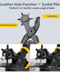 Two In One Leather Hole Punch And Eyelet Tool Kit with 4.5mm Eyelets, shown with black metal pliers for DIY crafting