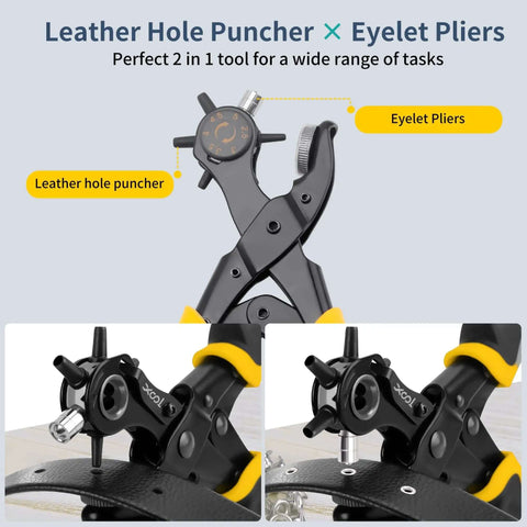 Two In One Leather Hole Punch And Eyelet Tool Kit with 4.5mm Eyelets, shown with black metal pliers for DIY crafting