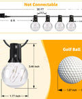 Diagram showing dimensions of Lit 30Ft Outdoor String Lights RGBW With 30 Edison LEDs Waterproof Shatterproof Patio Deck Lights and comparison to golf ball.