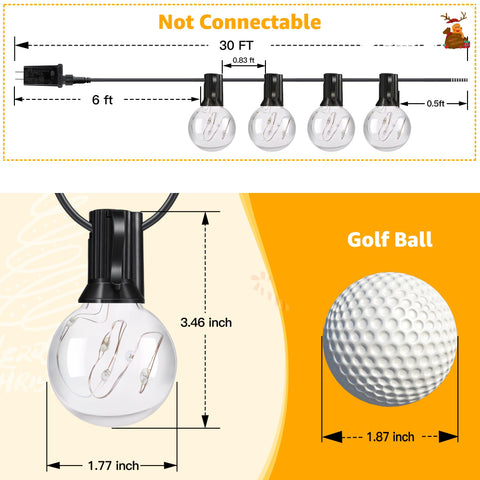 Diagram showing dimensions of Lit 30Ft Outdoor String Lights RGBW With 30 Edison LEDs Waterproof Shatterproof Patio Deck Lights and comparison to golf ball.