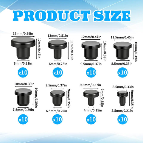 80 Piece Silicone Rubber Hole Plugs Set For Round Holes 4mm To 9.5mm showing 8 size options for waterproof stoppers