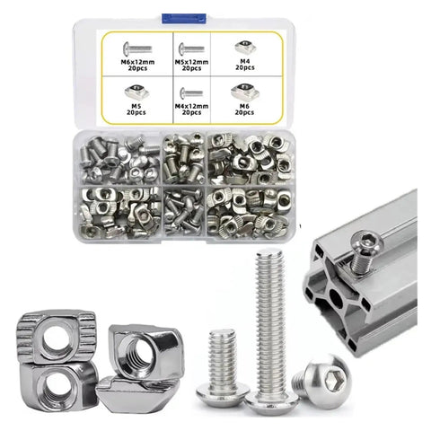 Must Have M3 M4 M5 M6 Hammer Head T Slot Nut And Hex Bolt Set Kit With Screws For Aluminum Profile Grooves in plastic case
