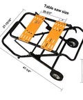 Portable Table Saw Stand With Rock Solid Folding Frame Roll It Around Shop Or Job Site On Grippy Eight Inch Wheels Supports 330 Pounds, showing dimensions and sturdy design.